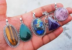 Multi Crystal Pendant Necklace Jewelry, Assorted Gemstone Handmade Pendant For Women, Wholesale Lot Chunky Pendants