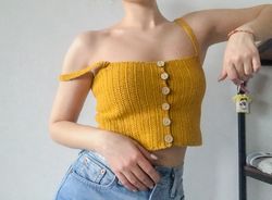 Summer Orange Crop Top with Buttons - Crochet Cotton Top for Women