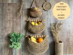 PDF Pattern Crochet basket Easy crochet pattern Hanging fruit basket Crochet tutorial Kitchen storage Wall decor Gift