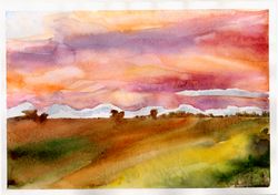 Pink Sunset Landscape Painting Sunset Art Cozy Watercolor Original Painting Wall Art Pink Red Sky Painting