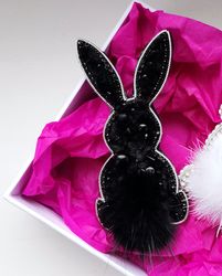 Black rabbit jewelry, Black bunny brooch, Bunny pin