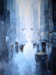 New York Painting "RAIN CITY" Original Painting on Canvas, Modern City Painting Original Art by "Walperion Paintings"