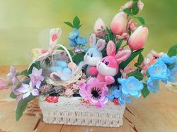 Easter flower arrangement in basket, Easter gift, Easter floral basket with bunnies, Easter flower table centerpiece
