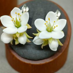 White green Floral Earrings for romantic evening Apple tree mini flowers miniature earrings by Yaresko