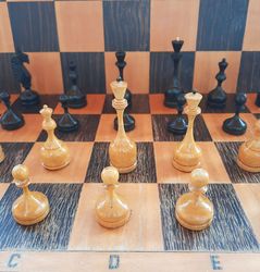Elegant antique 1950s soviet chess pieces set - vintage wooden chessmen