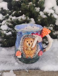 Larg Art mug Cute hedgehog figurine Mushrooms amanita muscaria decor Beautiful handmade mug Ceramic sculpture mom gift