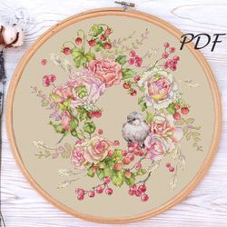 Cross stitch pattern Wreath of roses and berries - cross stitch pattern design for embroidery pdf