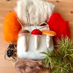 Needle Felting Kit. Mushroom decor. DIY Felting Kit for Beginners Adult and Kids, Mushroom felt ornament kit