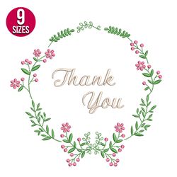 Thank You Floral Wreath embroidery design, Machine embroidery pattern, Instant Download