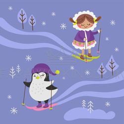 ARCTIC FANTASY Winter Girl Penguin Vector Illustration Set