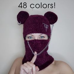 Bear balaclava crochet. 48 colors! Fluffy bear ear hat Kawaii bear ears helmet for teens Plush bear full face mask