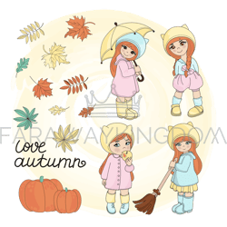 AUTUMN GIRLS Children Season Weather Vector Illustration Set