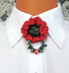 August birth flower Poppy brooch crochet Red poppy pin for collar Neck brooch for women Floral brooch tie