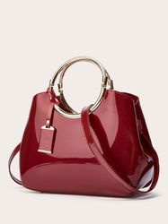 Womens Metal Decor Artificial Patent Leather Top Handle Bag
