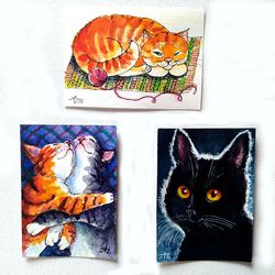 Cat Painting ACEO Animal Original Art Set Three Watercolor Pet Small Art Card Two Cats by PaintingsDollsByZoe