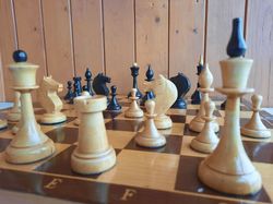 Big wooden chess board 45 cm & nice chess pieces (1970s post-Mordovian) -  Soviet chess set vintage