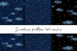 Night sky with stars. Seamless patterns. Digital paper