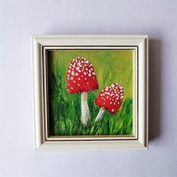 Mushroom art painting, Cute mushroom paintings, Toadstool picture, 2 mushrooms, Painting impasto