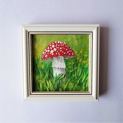 Realistic mushroom painting, Toadstool picture, Mini painting, Small wall decor, Miniature painting