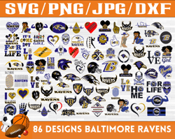 86 Designs Baltimore Ravens Football Team SVG, DXF, PNG, EPS, PDF