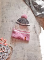 winter hat 2 sides natural pompom own design pink gray striped white wool hat for girl hat for teenager