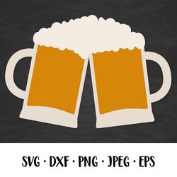 Beer SVG.  Two clinking beer mugs with foam
