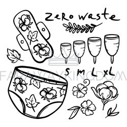 ZERO WASTE Feminine Hygiene Hand Drawn Vector Illustration Set