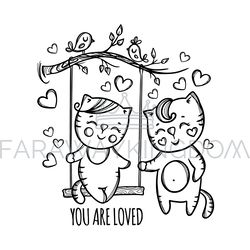 YOU ARE LOVED Valentine Day Swinging Cat Vector Illustration