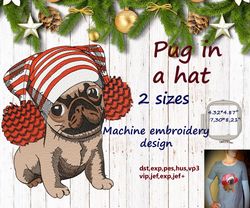 PUG IN A HAT 2 sizes  Embroidery Design DIGITAL EMBROIDERY