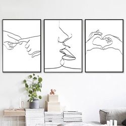 Love Print Line Drawing Hands Line Art Kiss Love Heart Hands Set Of 3 Prints Printable Wall Art Valentines Day 3 Posters