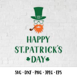 Happy St. Patricks day. Cartoon Leprechaun  green hat, mustache, beard, pipe