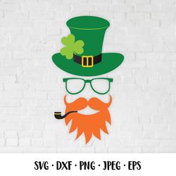 St. Patricks day Leprechaun with green hat, mustache, red beard, pipe and leaf of shamrock