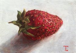 "ACEO Strawberry", oil painting fruit berry artwork still life