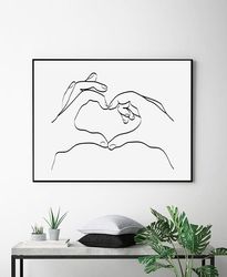 Hands Love Drawing Minimal Line Art Hands Heart Love Wall Art Horizontal Print Couple Art Bedroom Decor Printable Art