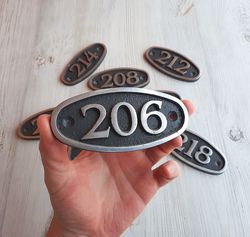 Address oval door number plate 206 - vintage apartment number sign
