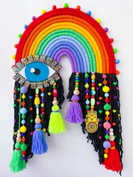 Above bed decor. Large macrame rainbow wall hanging, Evil eye wall art, Eclectic home, Colorful boho wall decoration