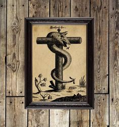the crucified snake is an alchemical illustration. occult wall hanging. mystic gift. 220.