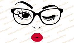 Woman in glasses svg Wink svg Woman face clipart Kiss svg Woman face svg Eyelashes svg Lips svg Makeup svg