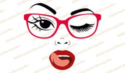 Woman face clipart Woman in glasses svg Wink svg Language svg Eyelashes svg Lips svg Makeup svg Eyes svg Lashes svg