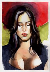 Original Watercolor Painting Red Hat Beautiful Woman Portrait Wall Art Female Painting Monica Bellucci Portrait