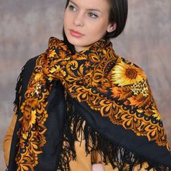 Yellow Original Elite PAVLOVO POSAD SHAWL , Wool Italian Soft Yarn, Size 125x125 cm 29-18