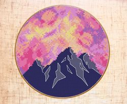 Mountain Cross Stitch Pattern, Modern Cross Stitch, Pink sky hoop art cross stitch PDF
