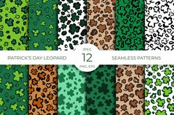 St. Patricks Day Leopard Digital Paper. Shamrock pattern.