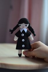 Handstitched Wednesday Addams doll , Addams family doll fan art inspired gift Plushie doll ornament