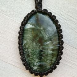 Large SERAPHINITE (clinochlore) pendant, Genuine Russian green Seraphinite necklace, Angel energy calm stone