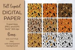 fall leopard print pattern. autumn oak leaves digital paper