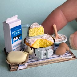 Miniature doll set cooking cake for playing in a dollhouse, scale 1:12, polymer plastic