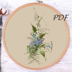 Cross stitch pattern pdf bouquet of lilies of the valley and forget-me-nots cross stitch pattern pdf design for embroi