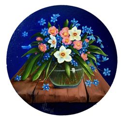 Floral painting Spring bouquet with narcissus and crocuse Original art canvas stretched on cardboard 12x12 inc. Wall art