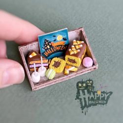 Miniature doll set with Halloween sweets for playing in a dollhouse, scale 1:12, polymer plastic
